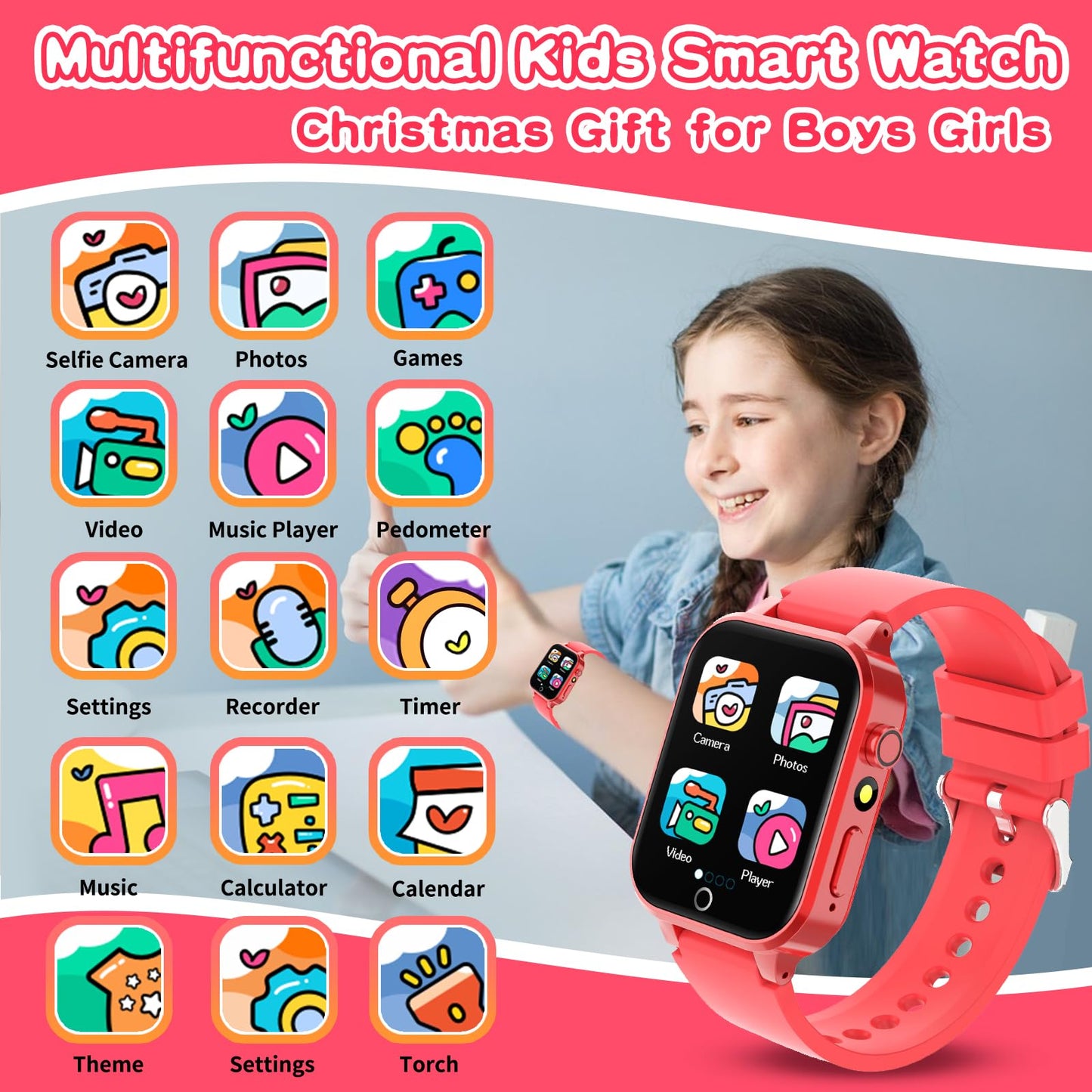 Kids Smart Watch Gift For Girls Age 4-12, 26 Games Hd Touch Screen Kids Watches With Video Camera Music Player Pedometer 12/24 Hr Educational Toys Birthday Gifts For Girls Ages 6 7 8 9 10