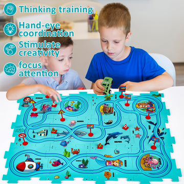 25Pcs Puzzle Racer Kids Car Track Set, Rail Car Puzzle Track Ocean Themed Series, Puzzle Track Car Play Set, Toddler Puzzle Trac