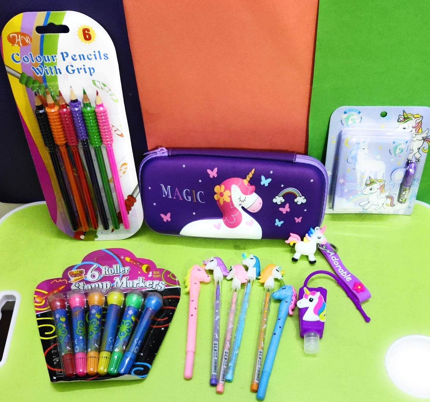 Kidos Joy Funky Unicorn School Supply Set/Pocket Diary With Pens,Pencils, Coloring Pencils, Stamp, Keychain, Pencil Case/Gifting