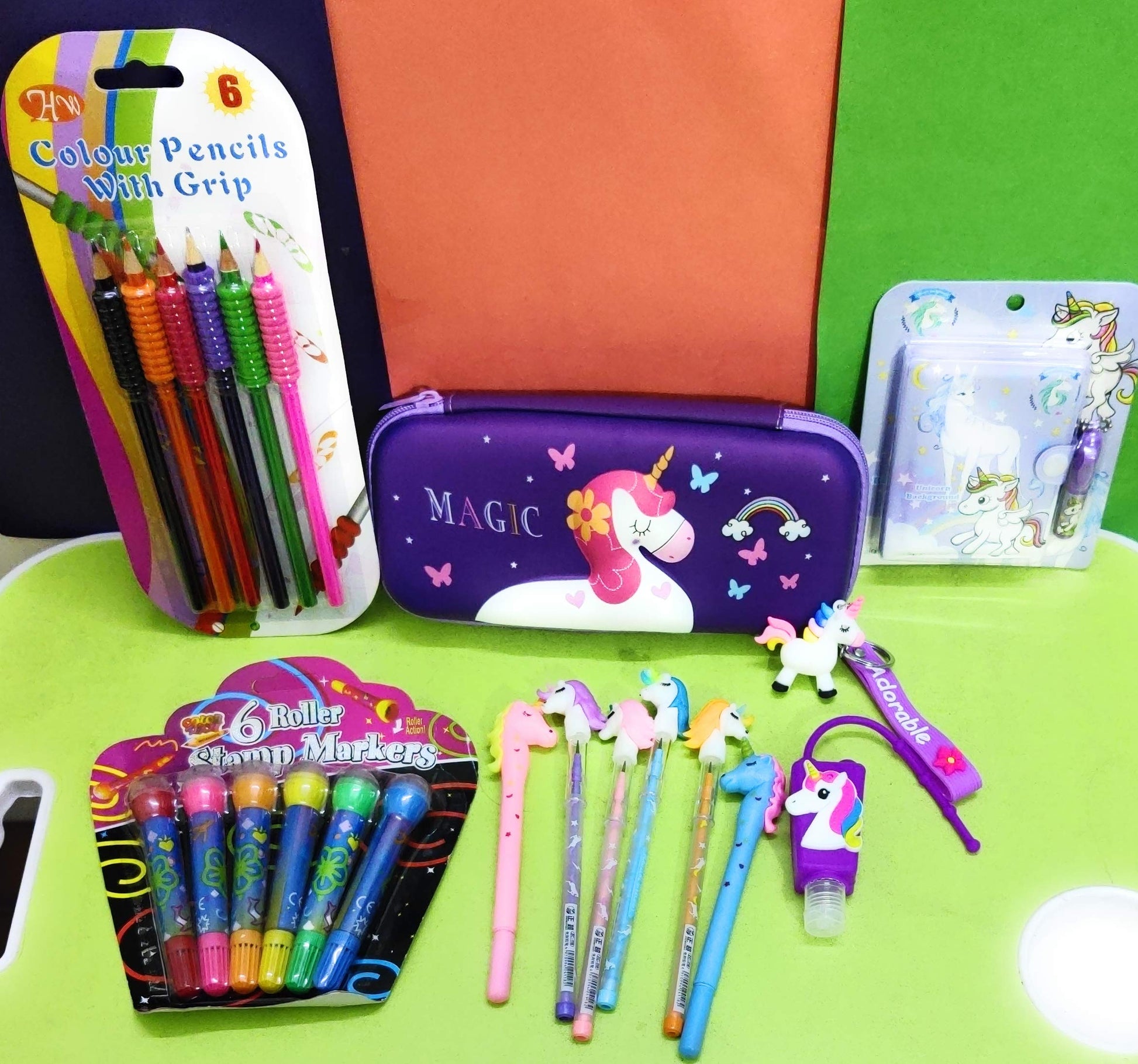 Kidos Joy Funky Unicorn School Supply Set/Pocket Diary With Pens,Pencils, Coloring Pencils, Stamp, Keychain, Pencil Case/Gifting