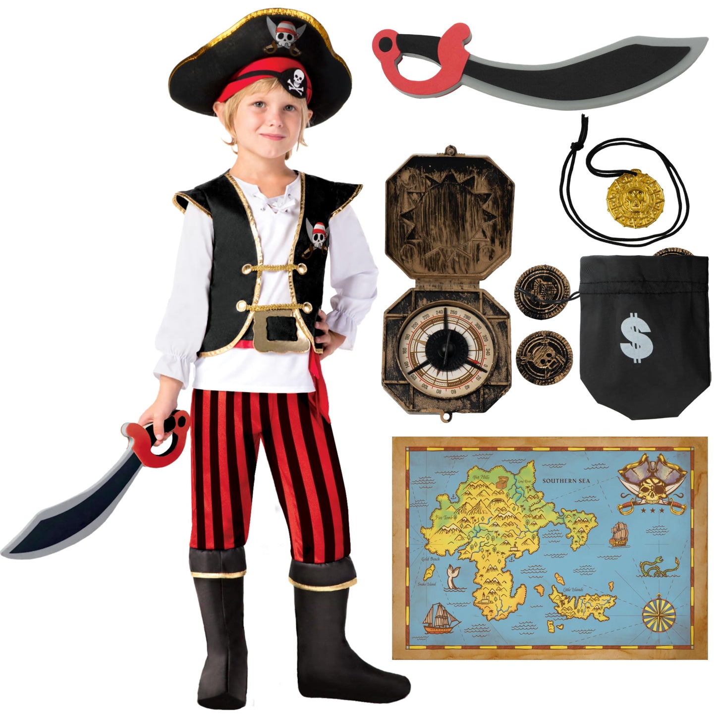 Spooktacular Creations Pirate Costume for Kids  Boys Classic Red Pirate Outfit Deluxe Set with Toy Accessories for Toddler Halloween Pretend Roleplay Themed Party (Large  10-12 yrs)