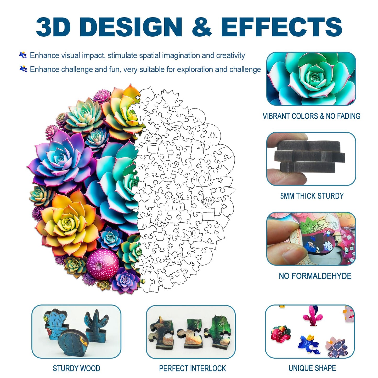 Wooden Jigsaw Puzzles for mature-themeds and Kids  Succulent Plants 200 Piece Unique Shaped Puzzle  Family Game and Creative Wooden Puzzle Gift  Wall Art Decor  11 x 11 Inch