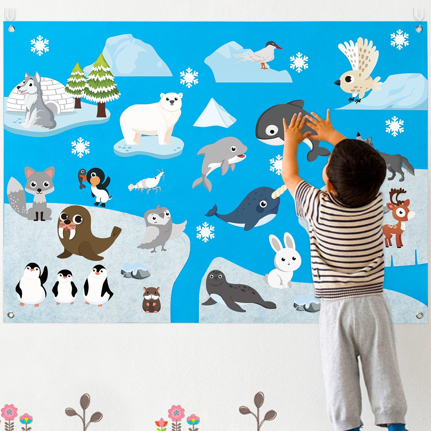 WATINC 46Pcs Polar Animals Felt Board Story Set Arctic Antarctica Ocean Animal Bear Penguin Whale Preschool Large Wall Storyboar
