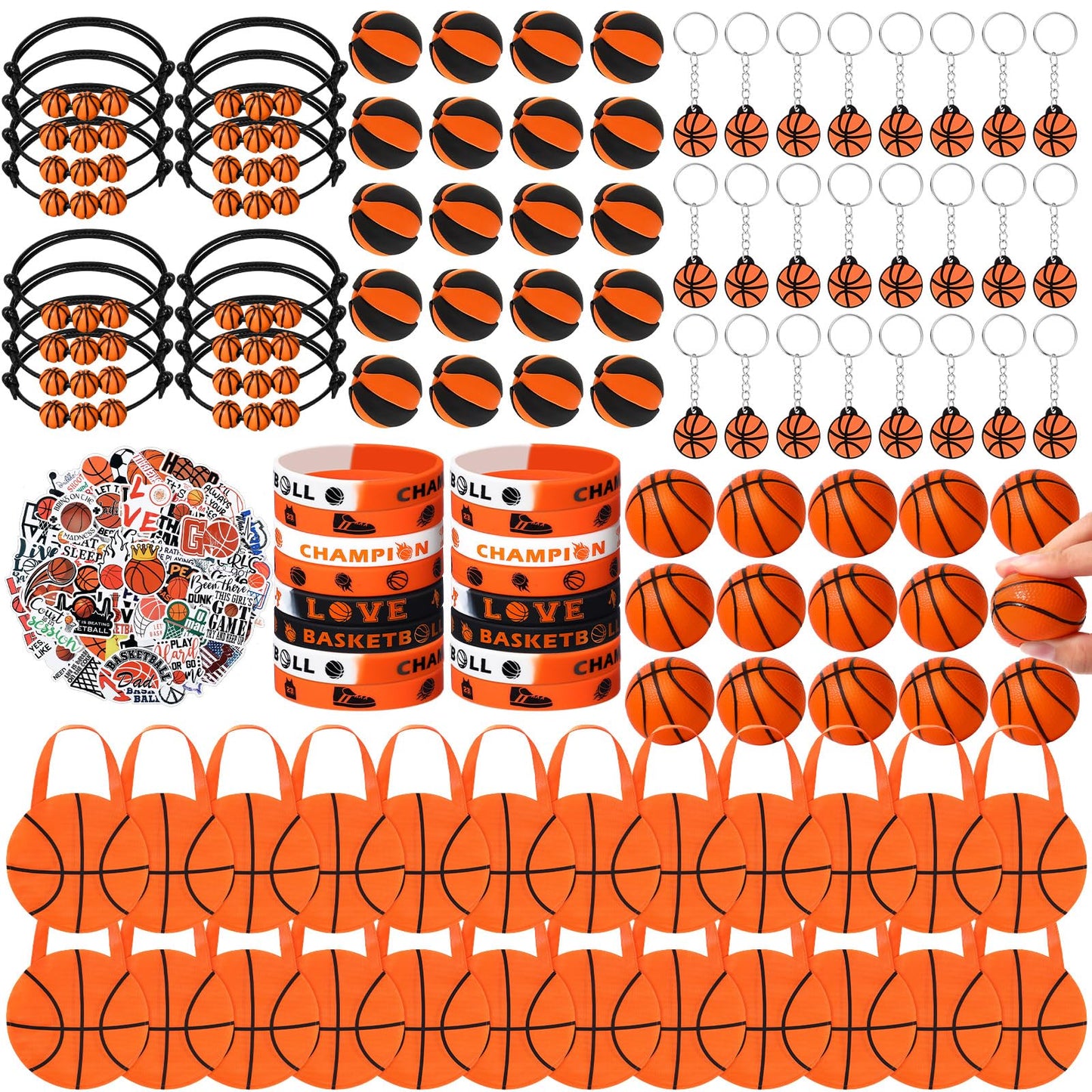 Aoriher 194Pcs Basketball Party Favors Set Basketball Silicone Charm Bracelets Mini Basketball Bouncy Balls Toy Keychains Non Wo