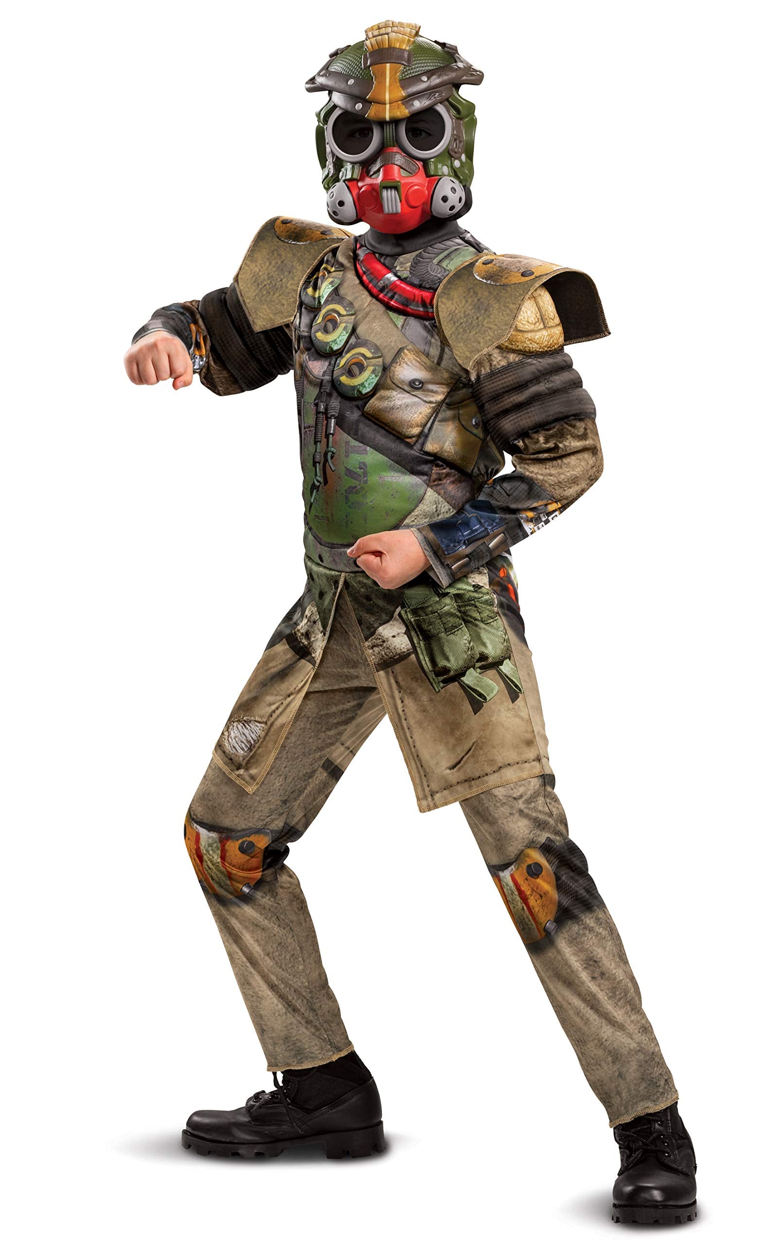 Disguise Apex Legends Bloodhound Costume  Video Game Inspired Muscle Padded Jumpsuit and Mask  Child Size Large (10-12)  Green & Tan