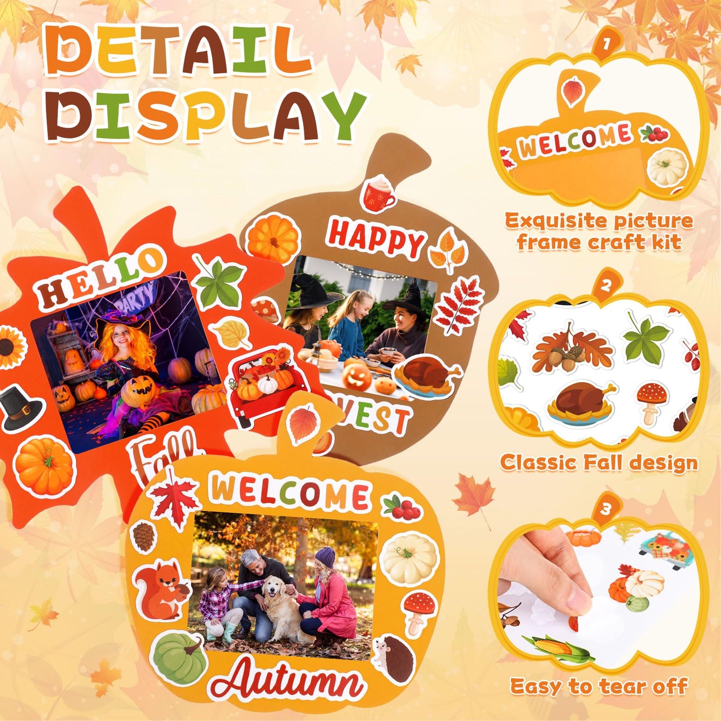 Memorywuu 36 Sets Thanksgiving DIY Crafts Kit Fall Picture Frames Autumn DIY Photo Frames Pumpkin Maple Leaf Pine Cone Photo Fra