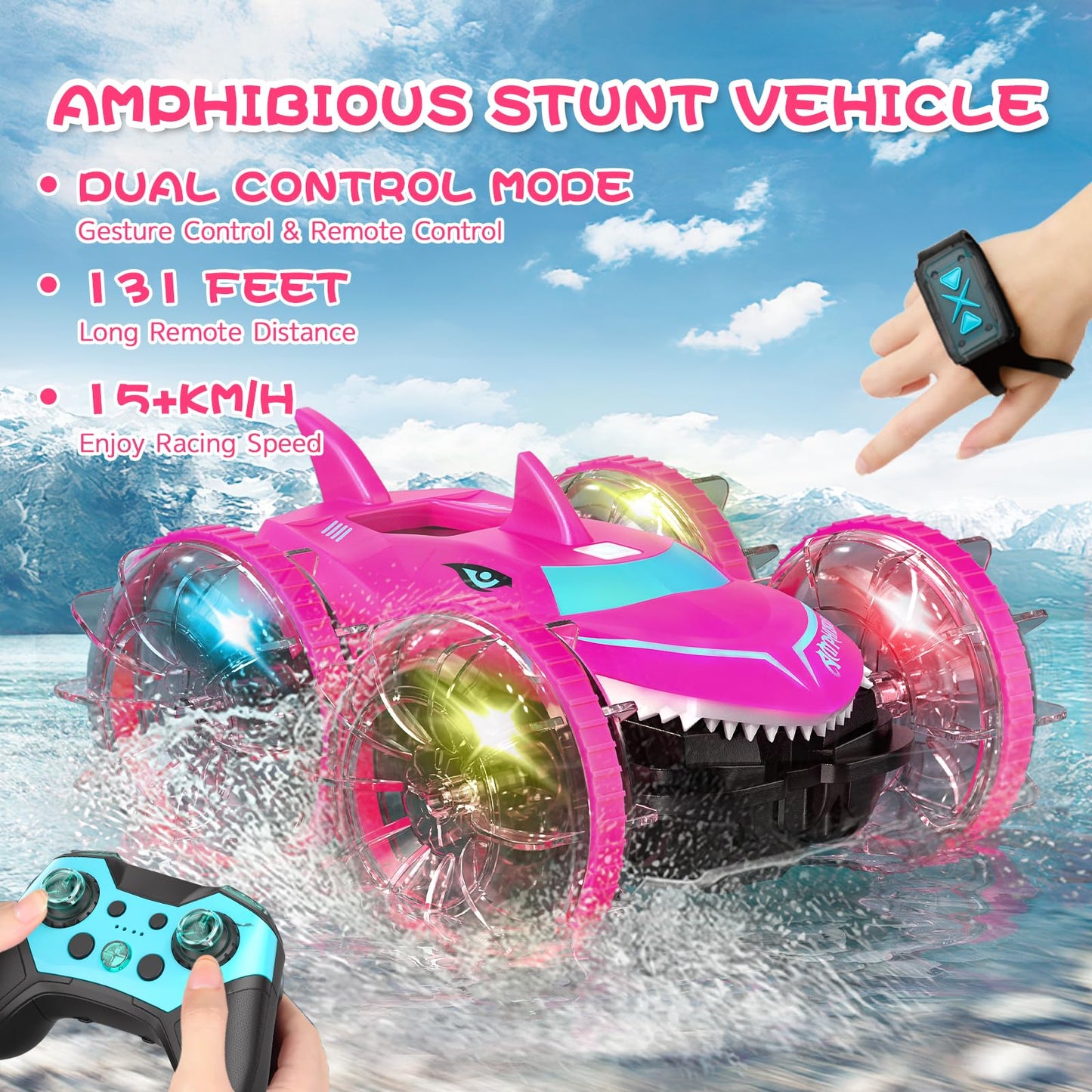 Axirata Amphibious RC Car with Lights for Kids 6-12 Year Old Girls Toy Gesture Hand Remote Control Boat 4WD 2.4GHz Waterproof RC