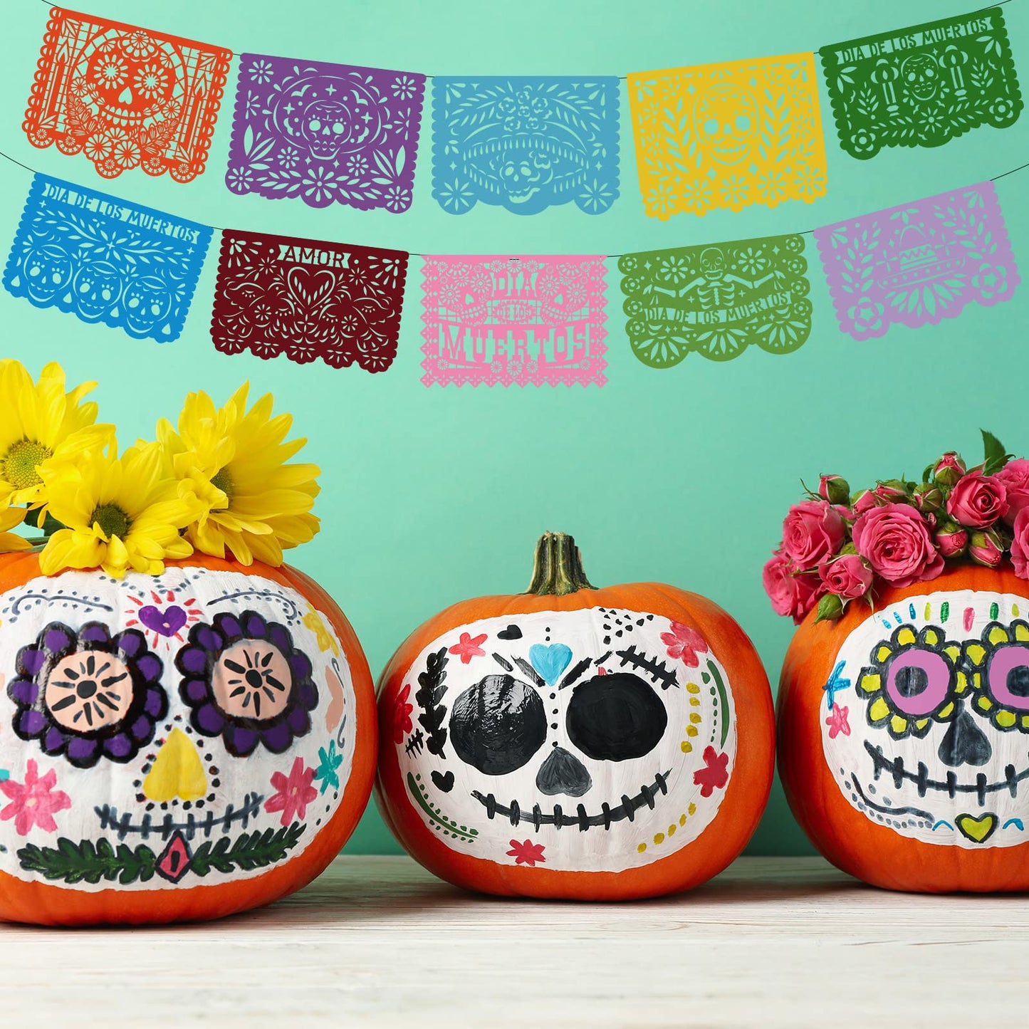 60 Pieces Mexican Party Banners Altar De Ofrendas Supplies Kit Dia De Los Muertos Day of The Dead Decoration Cinco de Mayo Papel