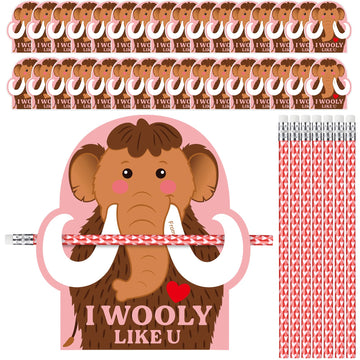 Dunzoom 36 Sets Wooly Mammoth Valentines Day Cards Exchange Gifts for Kids 36 Heart Pencils with Erasers I Wooly Like You Valent