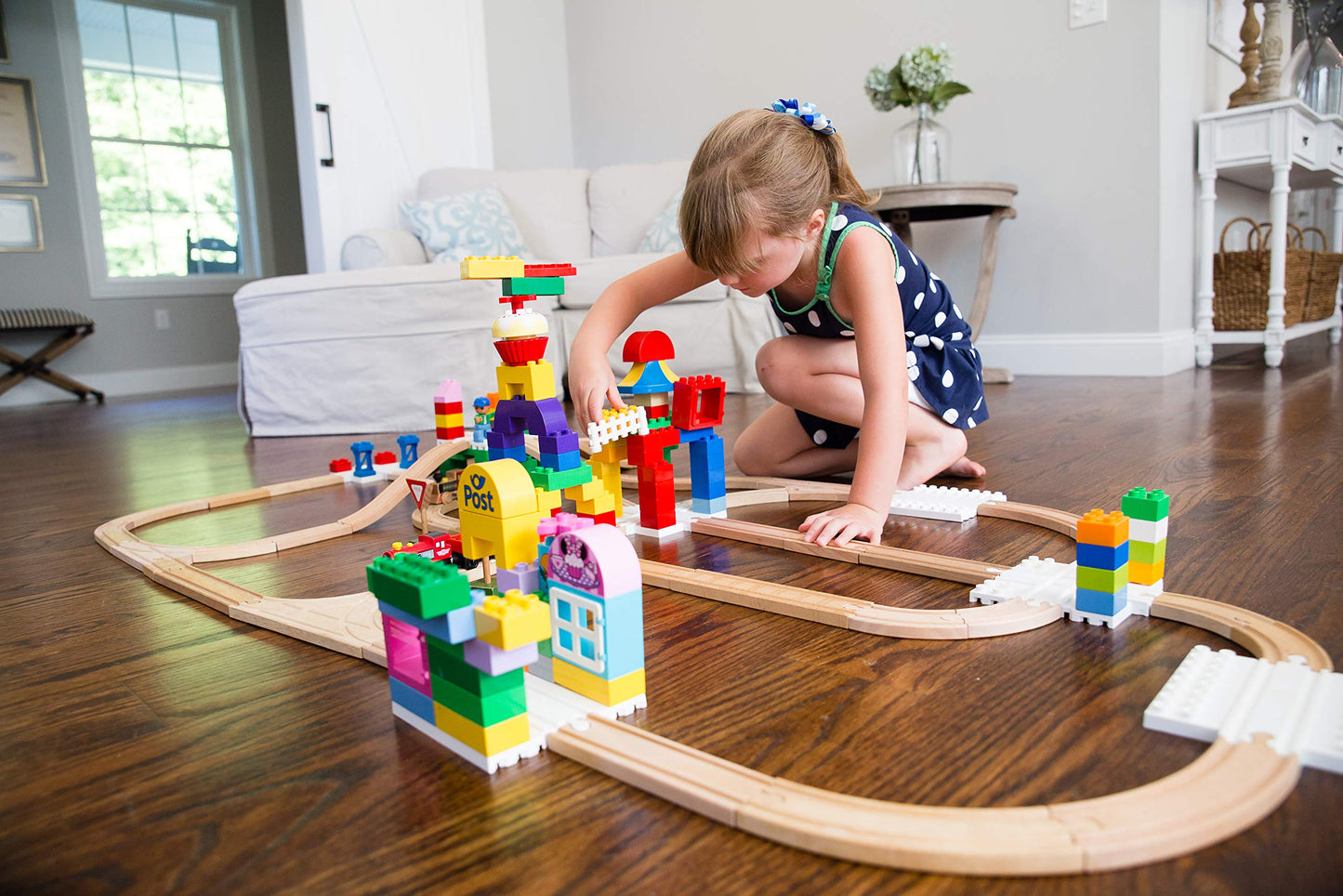 Block Platform Combo Pack, 1 Straight 1 Cross Track, Connect Wooden Train Tracks And Blocks/Bricks, Universal Compatible Connect