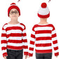 Fancyfun 3 Pieces Kids Halloween Costume Set, Boys Costume Red And White Striped Shirt Beanie Hat Glasses For Cosplay Party 3-4T