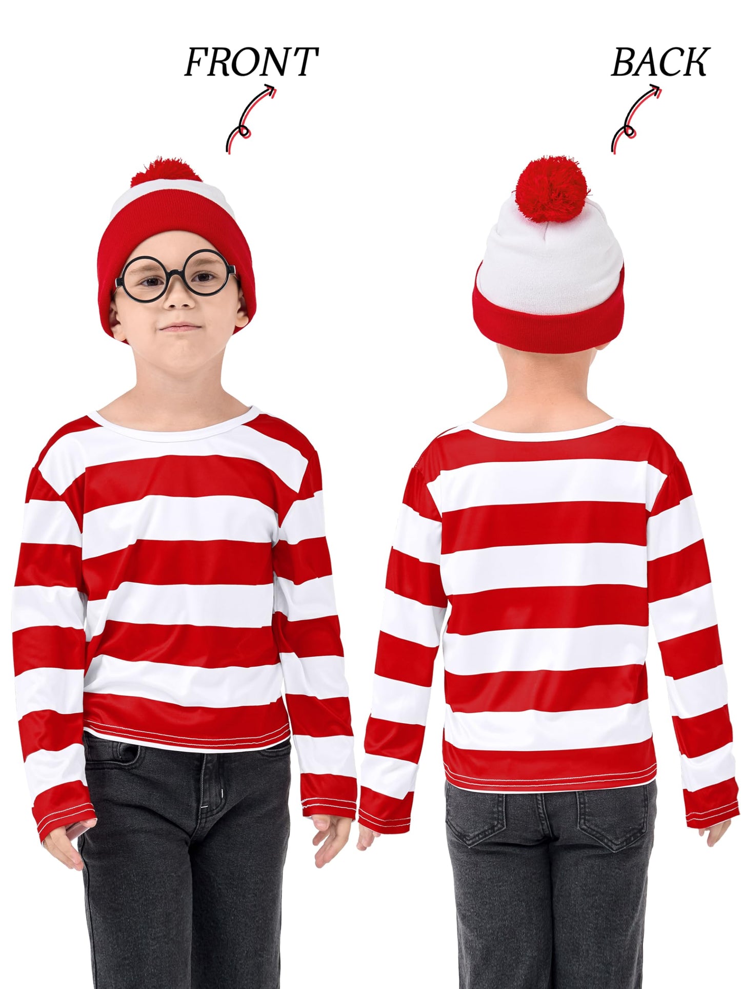 Fancyfun 3 Pieces Kids Halloween Costume Set, Boys Costume Red And White Striped Shirt Beanie Hat Glasses For Cosplay Party 3-4T