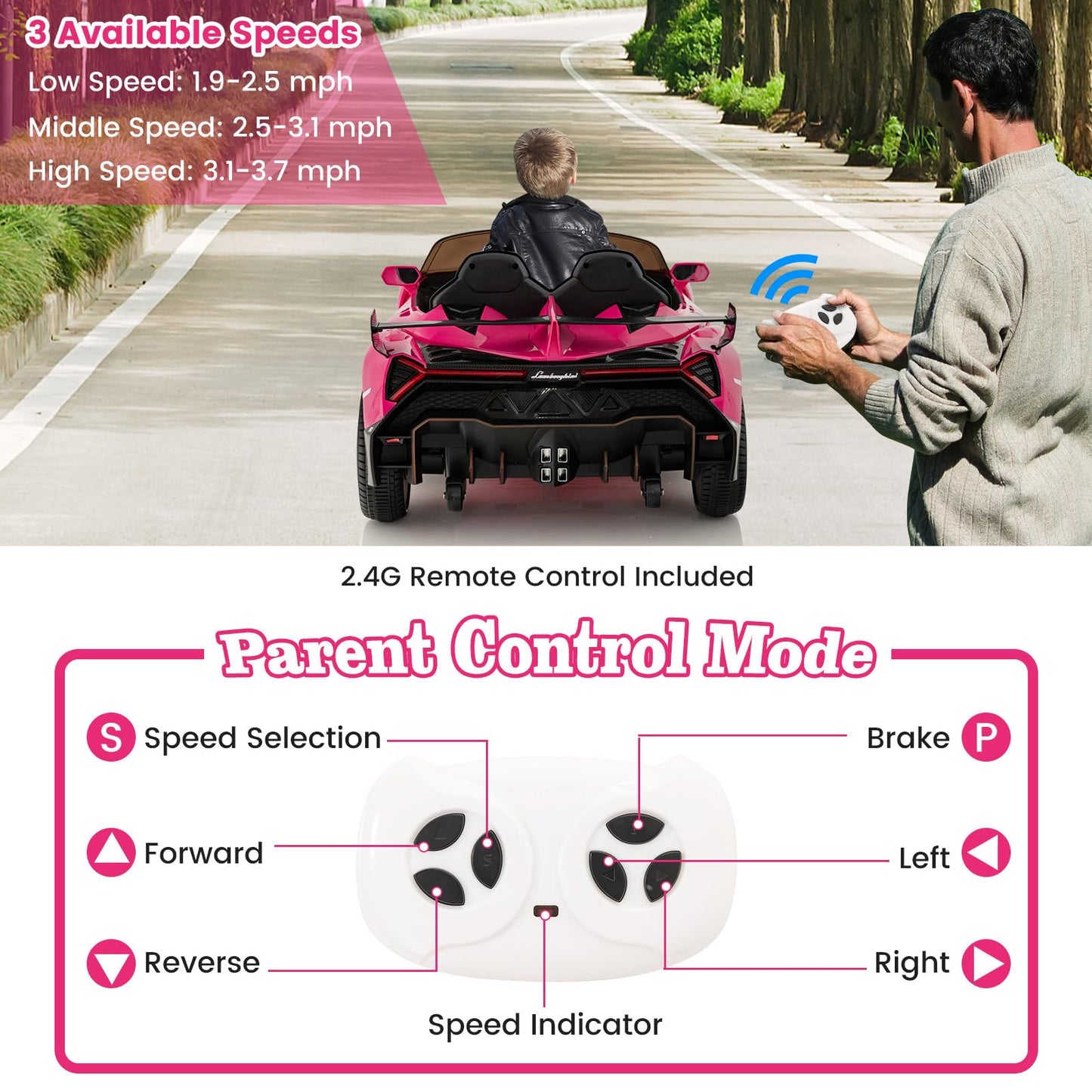 Costzon Pink Lamborghini Ride On Car, 12V Battery Powered 4Wd Lambo Kids Car With Remote Control, 3 Speeds, Dual Doors, Led Lights, Horn, Music, Licensed Electric Vehicle For Toddlers Girls Kids Gift