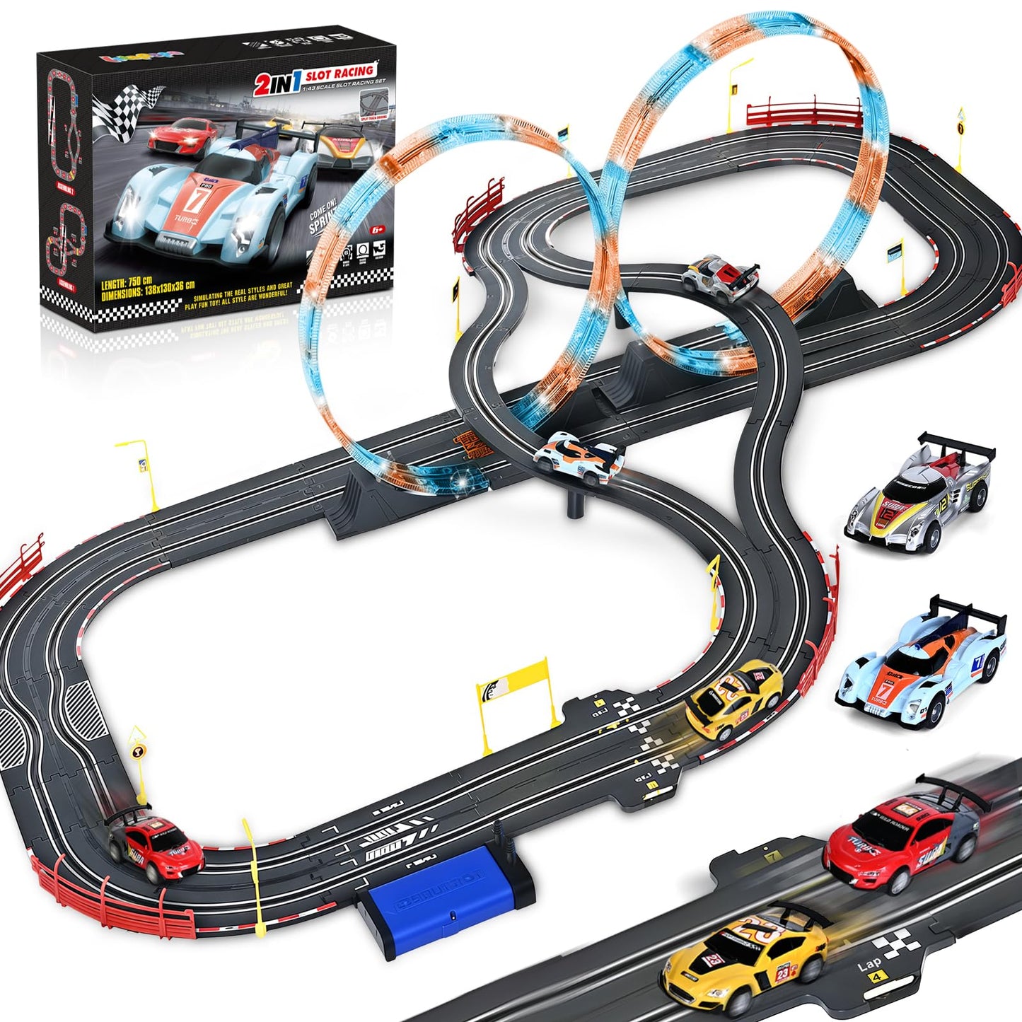 Slot Car Race Track Sets with 4 Slot Cars, 2 in 1 Electric Race Cars Track,Car Tracks,Dual Racing Game Lap Counter Circular Over
