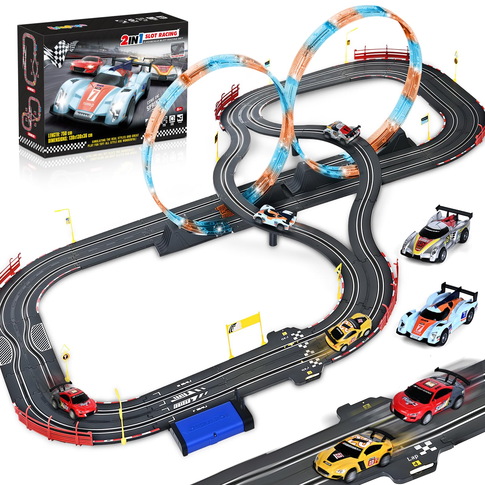 Slot Car Race Track Sets with 4 Slot Cars, 2 in 1 Electric Race Cars Track,Car Tracks,Dual Racing Game Lap Counter Circular Over