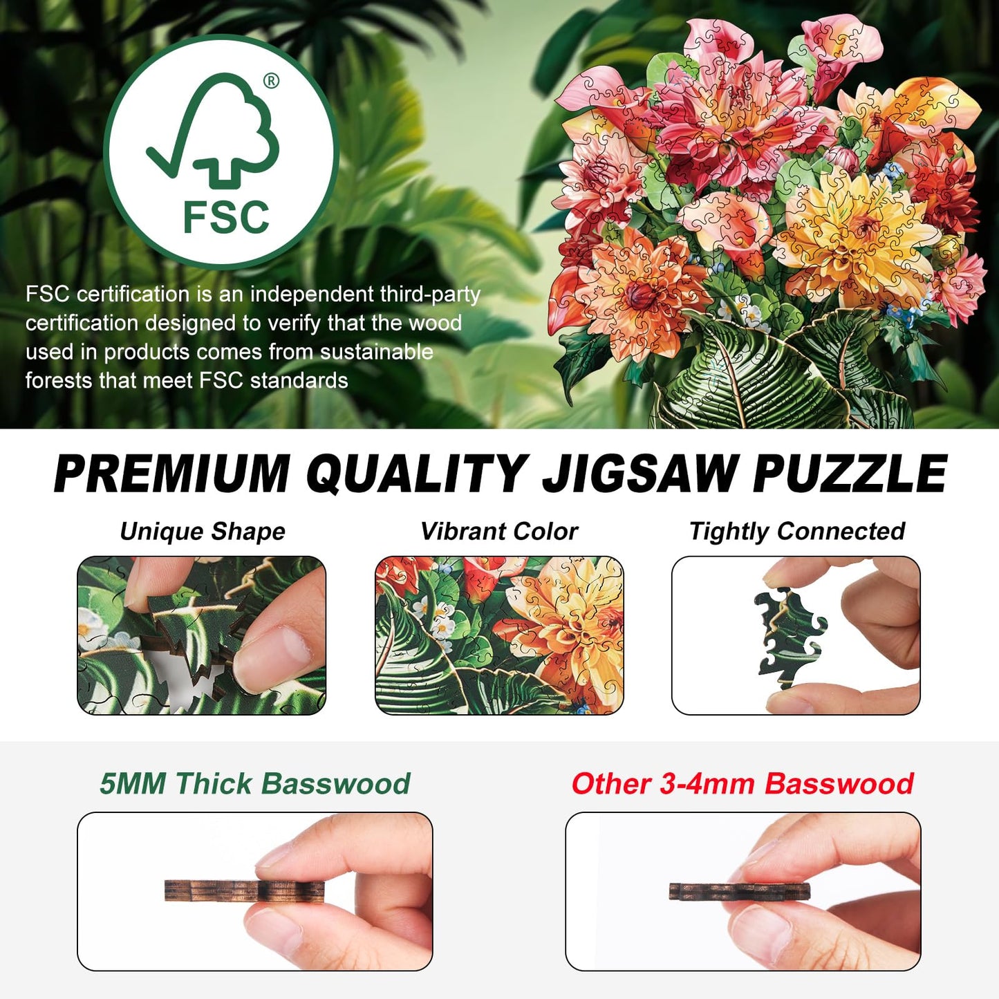 Flower Wooden Puzzles for mature-themeds  200pcs Wooden Jigsaw Puzzles for mature-themeds  Flowers Unique Shaped Jigsaw Puzzles Creative Gift for Friend Family Game Medium Size 9.6'' x 11.8''