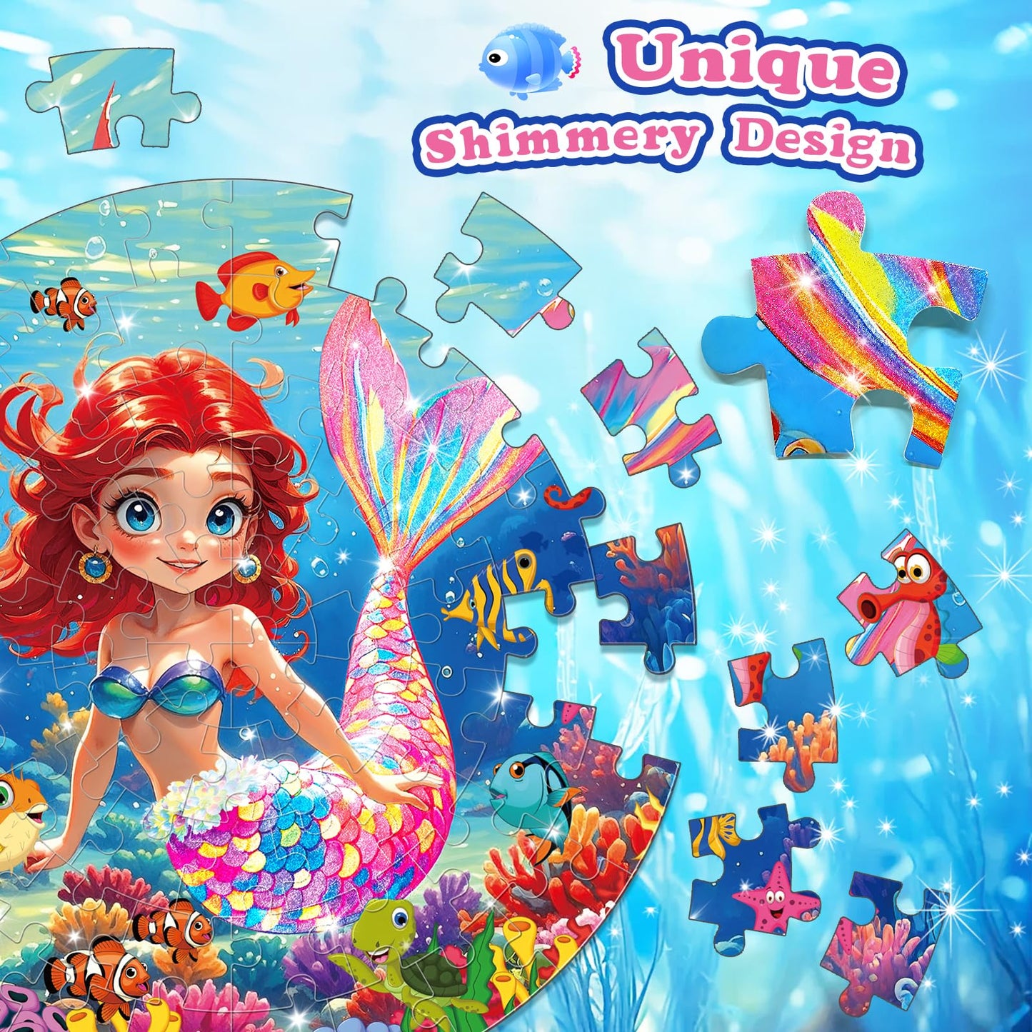 72 Pieces Shimmery Jumbo Mermaid Floor Puzzle For Girls 3-5 4-6 Age Floor Puzzles For Boys And Girls Large Round Floor Jigsaw Pu
