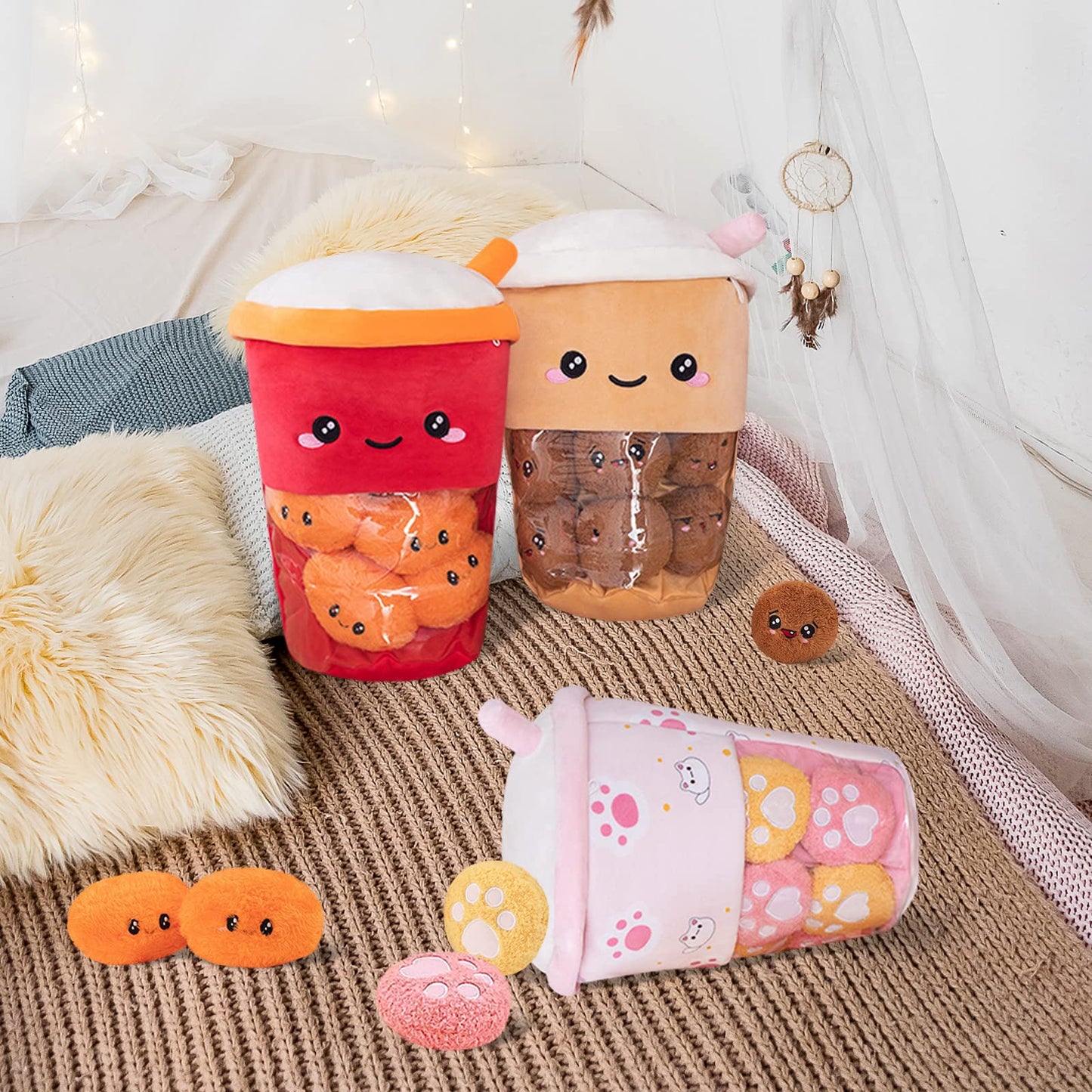 Nenalayo Cute Bag Of Boba Tea Plushies Toy, Stuffed Bubble Tea Plush Pillow, Removable Soft Snack Tea Cup Shaped Pillow Creative Gifts For Kids 13.7 Inch(6 Dolls Brown)