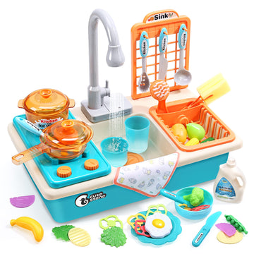 Cute Stone Play Kitchen Sink Toys With Upgraded Real Faucet, Play Cooking Stove, Cookware Pot And Pan,Play Food, Color Changing