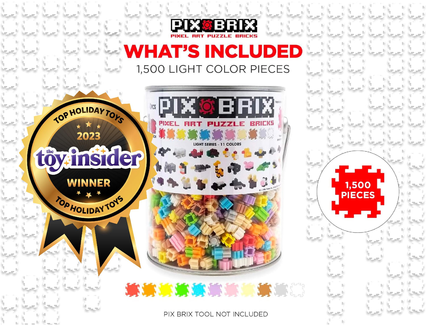 Pix Brix Pixel Art Puzzle Bricks Bucket - 1,500 Piece Kit, Light Palette, Interlocking Building Bricks for 2D & 3D Builds, Ages 6+