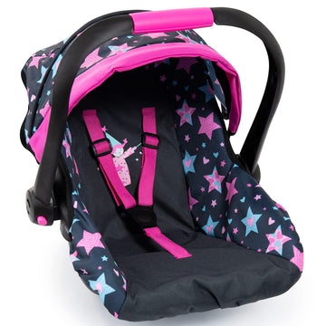 Bayer Design Dolls: Car Seat - Turquoise, Pink, Stars - Fits Dolls Up To 18'', Kids Pretend Play, Safety Belt, Sun Canopy, Ages