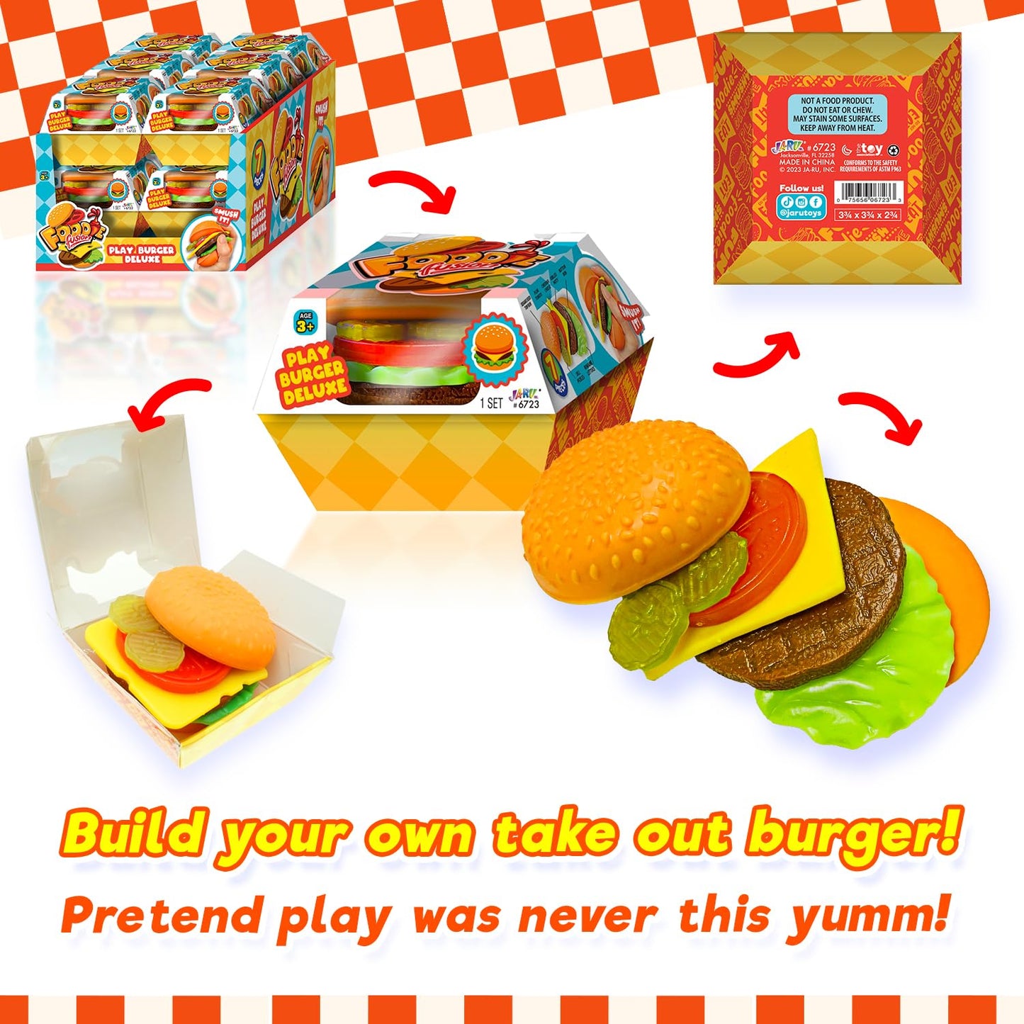 JA-RU Foodie Fusion Play Burger Deluxe Squishy Toy (6 Pack) Smushy Make Your own Patty. Squish Grilled Food Toys for Kids  Teen  & mature-themed. Stretchy Therapy Stress Relief Fidget Party Favor. 6723-6