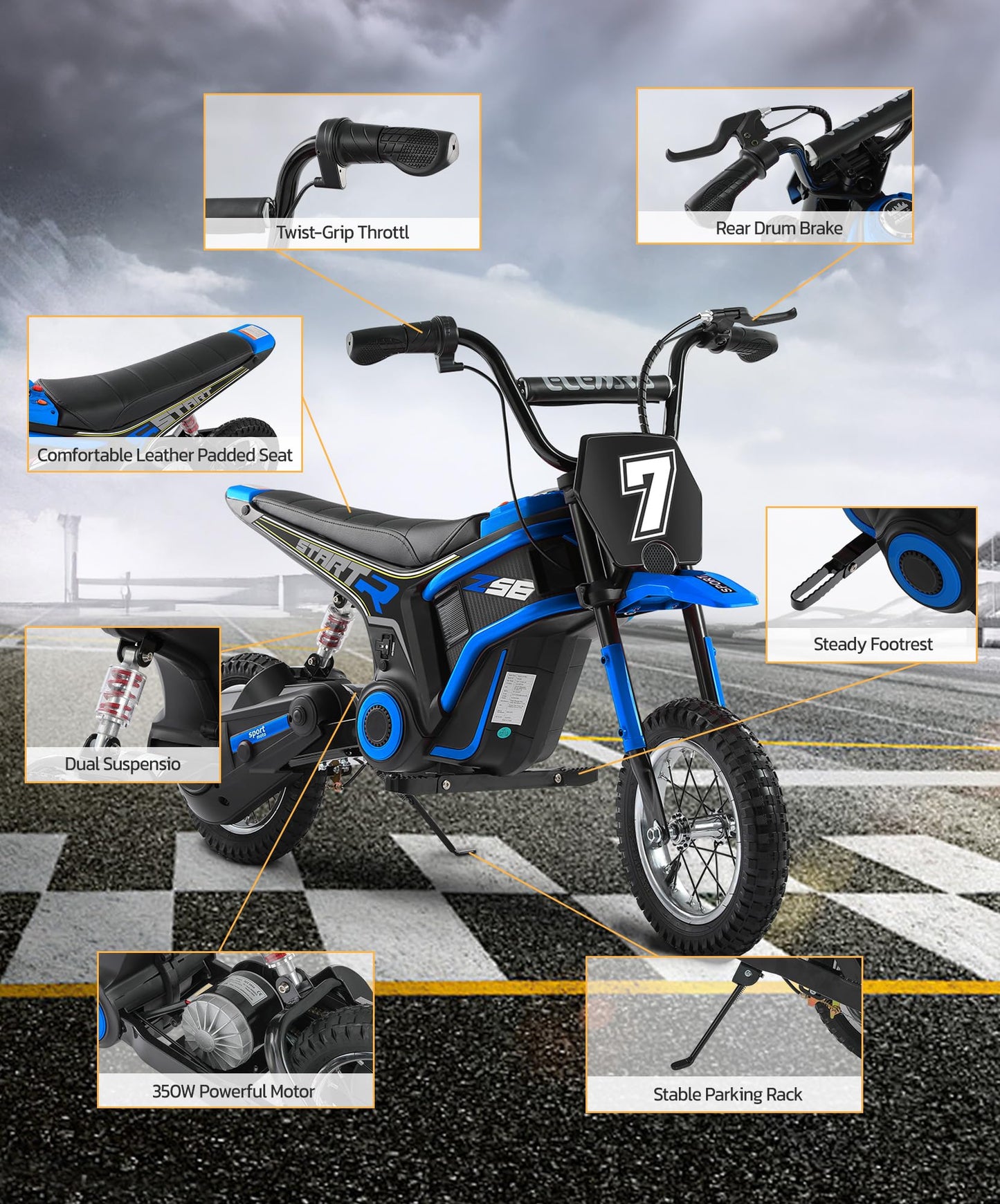 Elemara Electric Dirt Bike, 24V Ride On Toys For Big Kids, 350W Kids Motorcycle With Music & Bluetooth, 15.5 Mph & 150Lb Max, Twist-Grip Throttle & Hand-Operated Rear Brake, 12' Air-Filled Tires-Blue