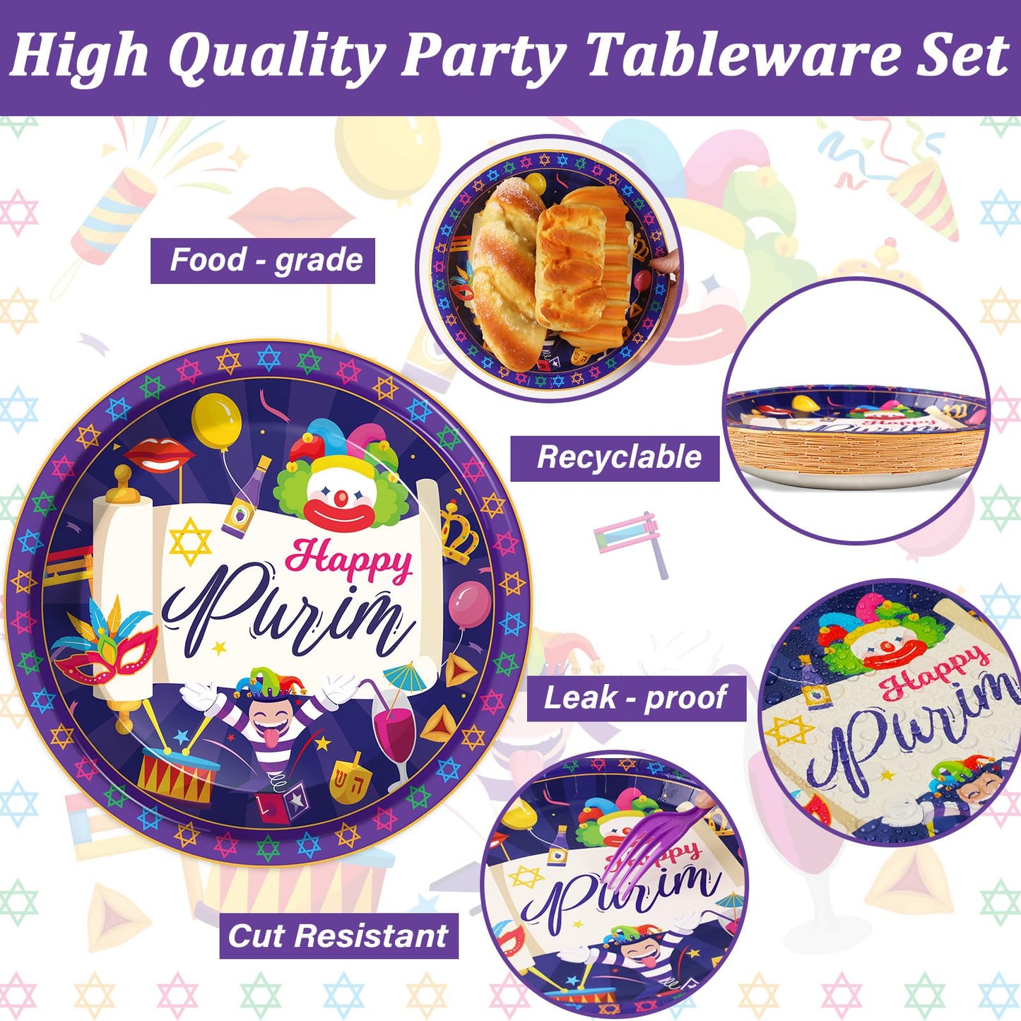 Gisgfim 96 Pcs Happy Purim Plates And Napkins Party Supplies Set Jewish Holiday Carnival Disposable Tableware Decorations Favors