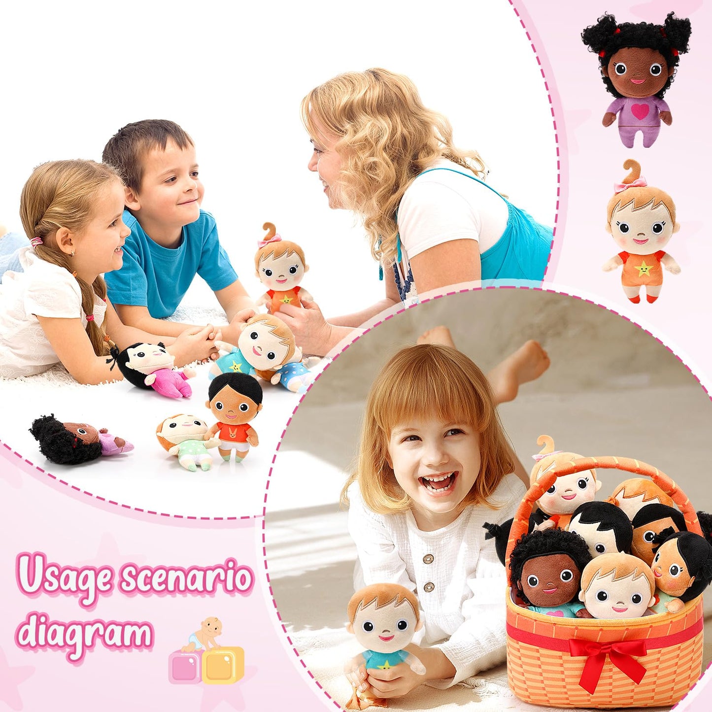 Hydren Basket Plush Baby Dolls, Set Of 10 Soft Multicultural Sensory Dolls 6'' Plush Diversity Toys For Preschool Classroom, Val