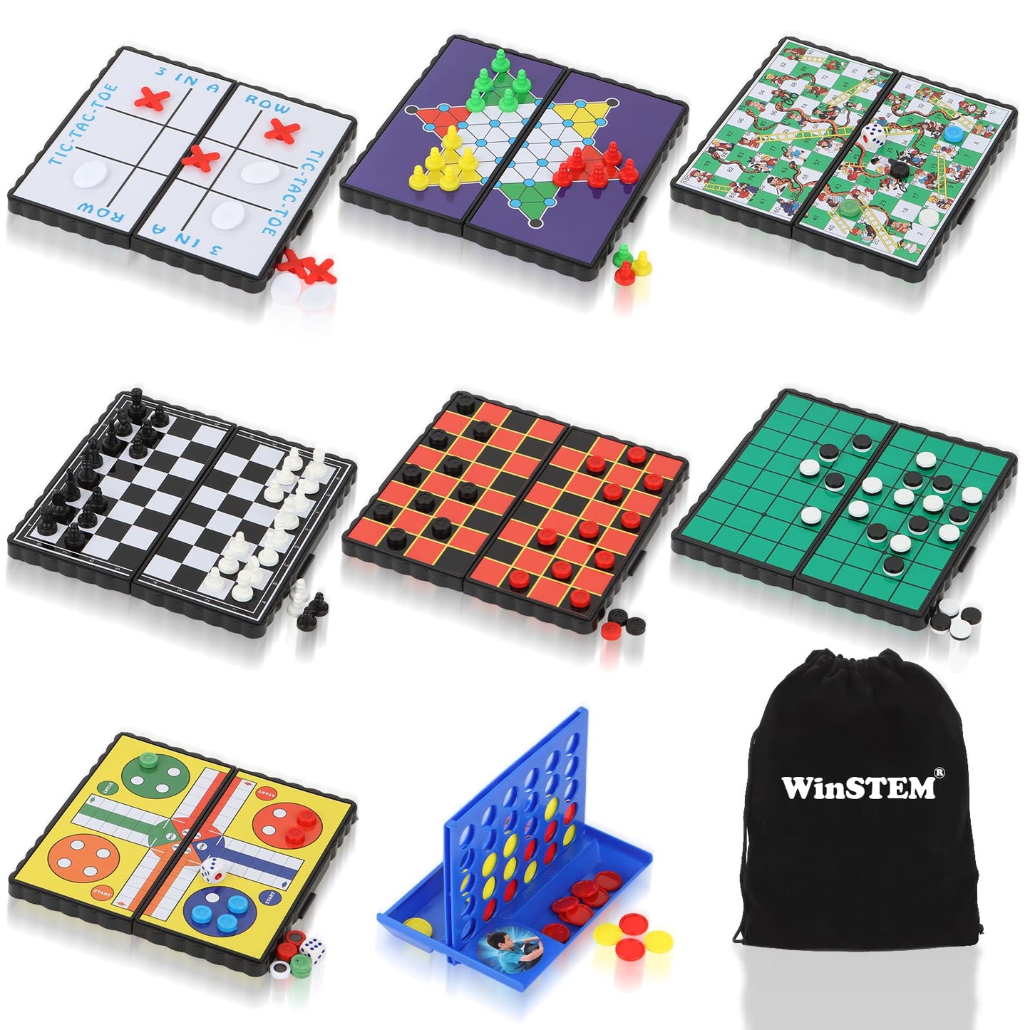 WinSTEM 8-in-1 Mini Travel Board Games Set, Magnetic Checkers, 5.2" Compact, ABS Plastic, Ideal for Family & Camping Fun