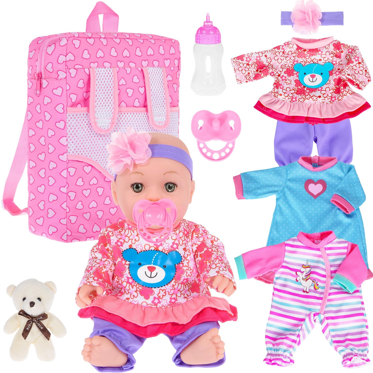 ebuddy 12 inch Baby Doll and Accessories-Reborn Baby Dolls Real Life Baby Dolls with 3 Sets Clothes,Backpack,Pacifier, Bottle
