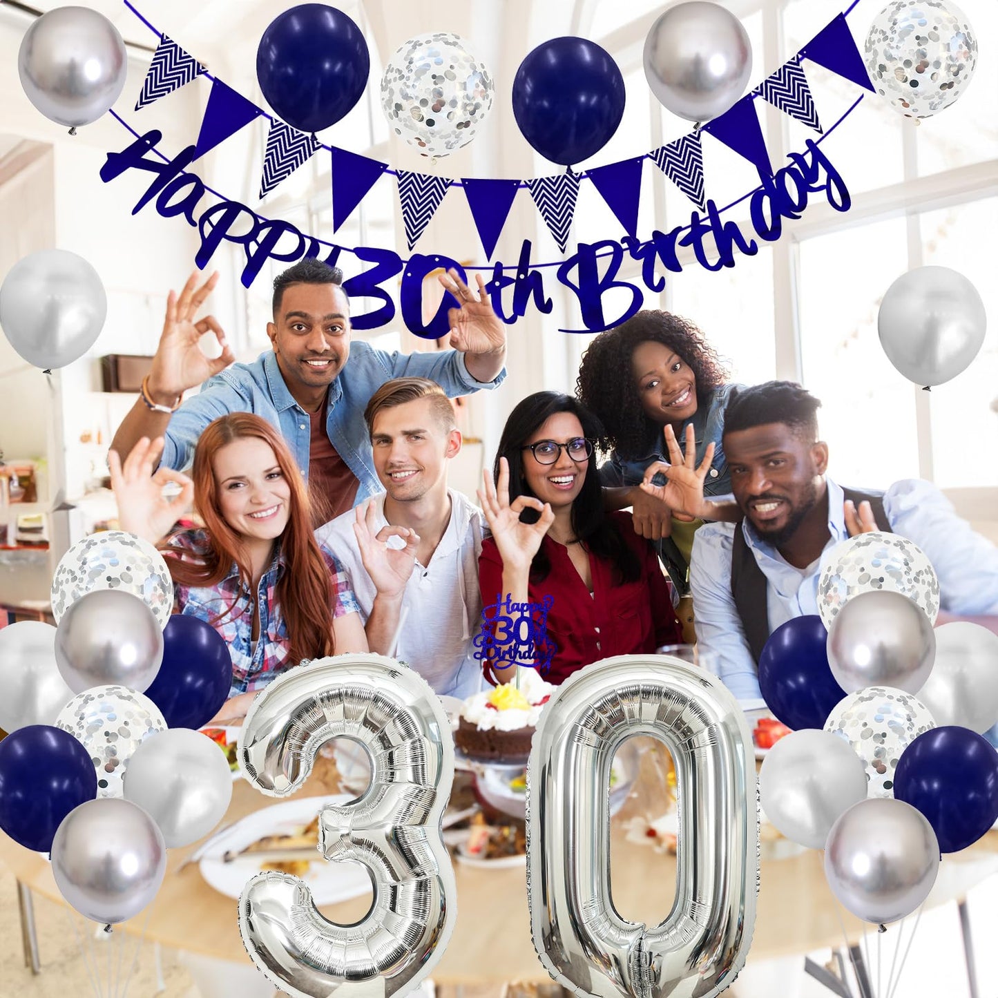 30Th Birthday Decorations For Men, Navy Blue Silver 30Th Birthday Balloons With Blue Happy 30Th Birthday Banner 30 Birthday Cake