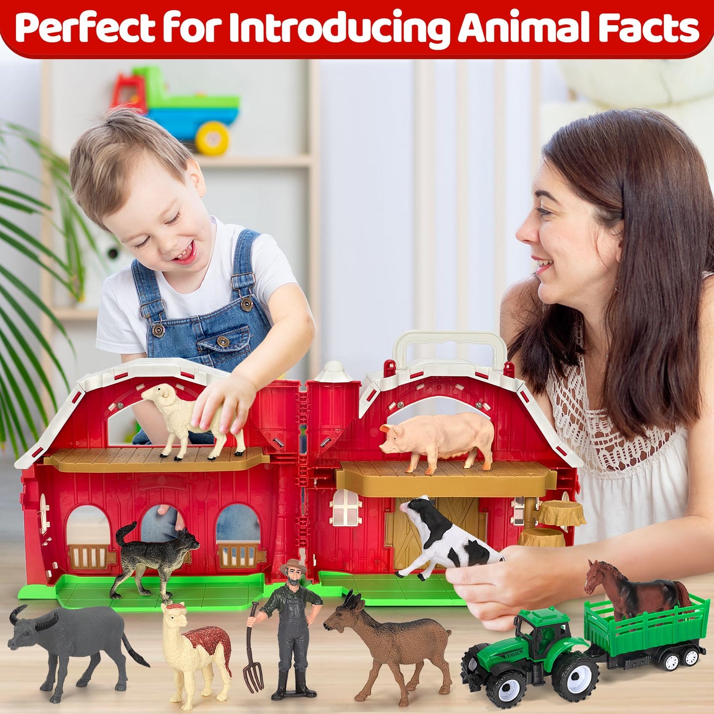 Farm Animals Toys For 1 2 3 Year Old Toddlers Girls Boys, Big Red Barn Farm Playset With Figures Animals And Tractor Toys For Ki