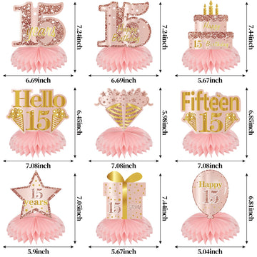 Turypaty Pink Rose Gold 15Th Birthday Honeycomb Centerpieces Decorations For Girls, 9Pcs Rose Gold Happy 15Th Birthday Table Cen