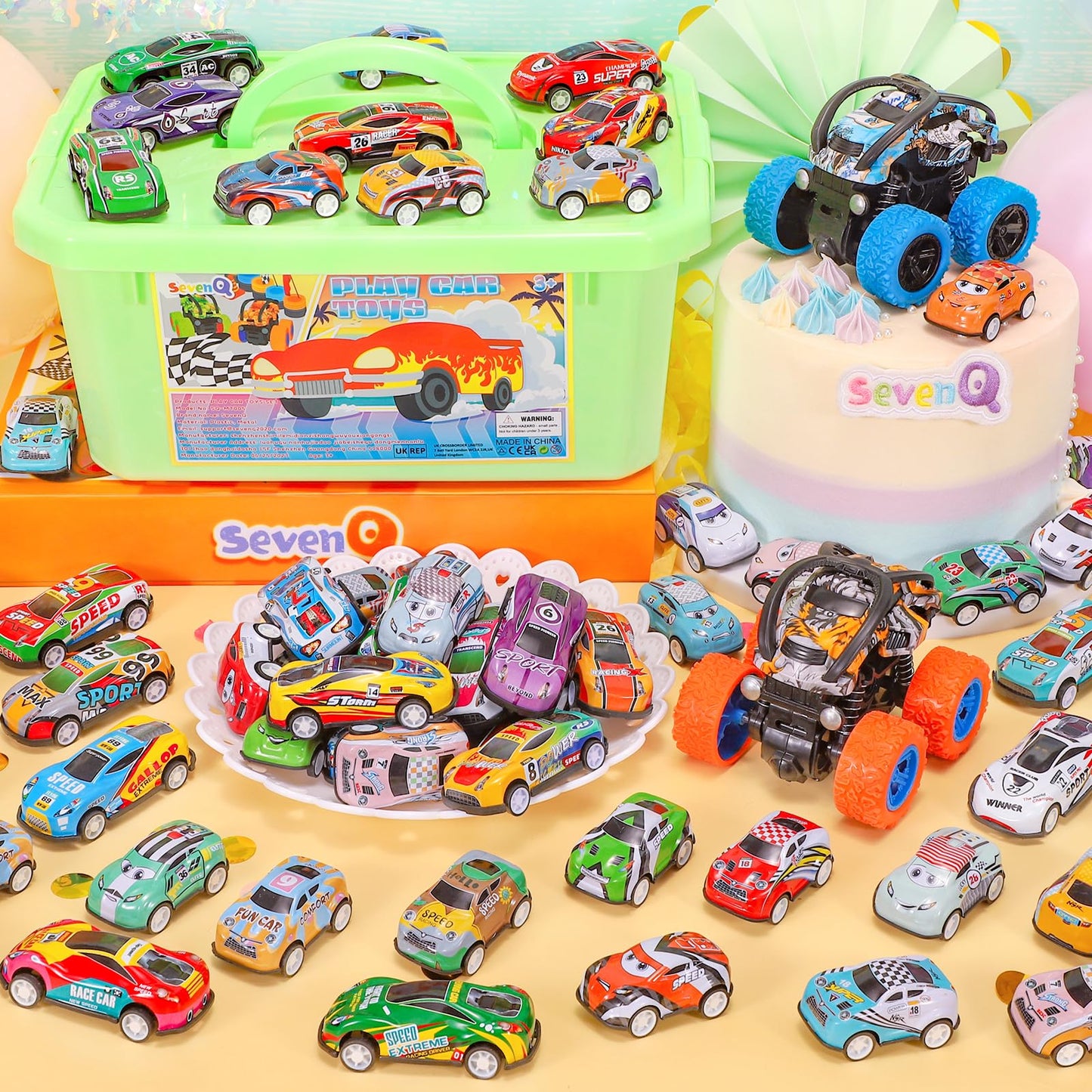 SevenQ Toy Cars for Kids Ages 4-8, 56Pcs Monster Truck Toys Pull Back Cars with Storage Box, Race Cars Party Favors for Toddler