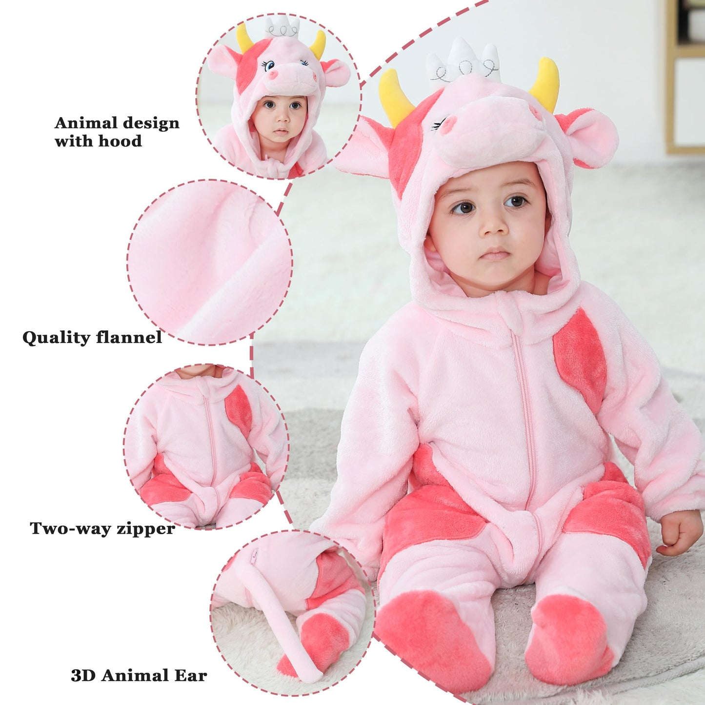 Tonwhar Kid'S And Toddler'S Costume Baby Animal Outfit Baby Boys' Girls' One-Piece Rompers Jumpsuit(4-5T,Pink Cow)