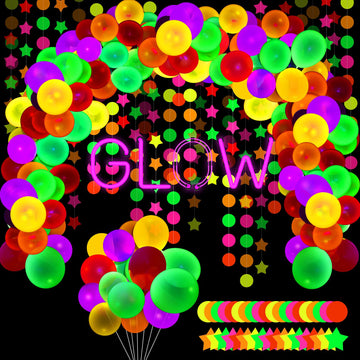 Sumind 100 Pcs Neon Balloon Arch Glow In The Dark Uv Black Light Balloon 53 Ft Neon Streamers Paper For Birthday Wedding Blacklight Party Supplies Reactive Fluorescent Balloon(Classic Style)