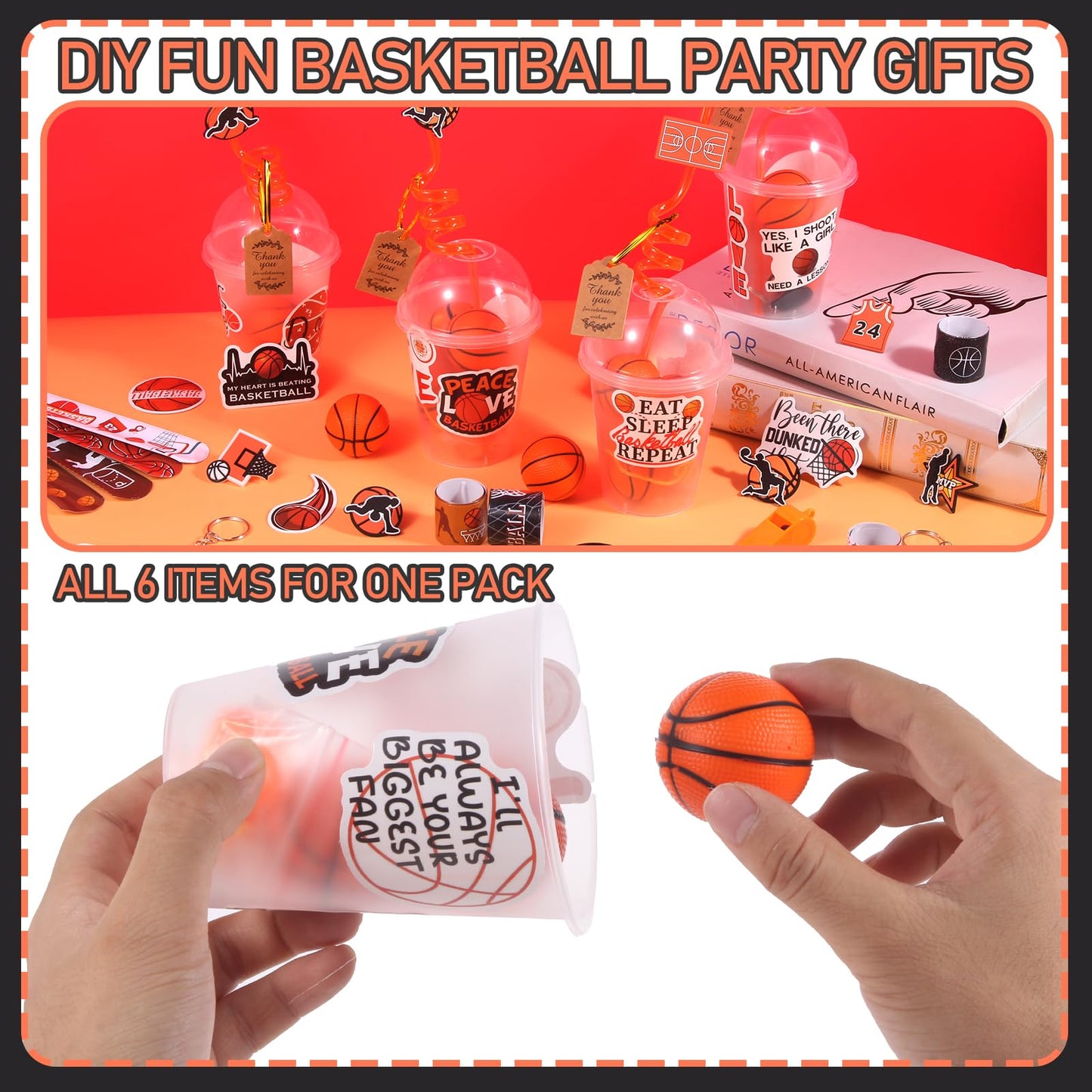 LiYiQ 158 Pcs Basketball Party Favors Basketball Party Supplies with Cup Straw Stress Ball Keychain Sticker Slaps Bracelets Whis