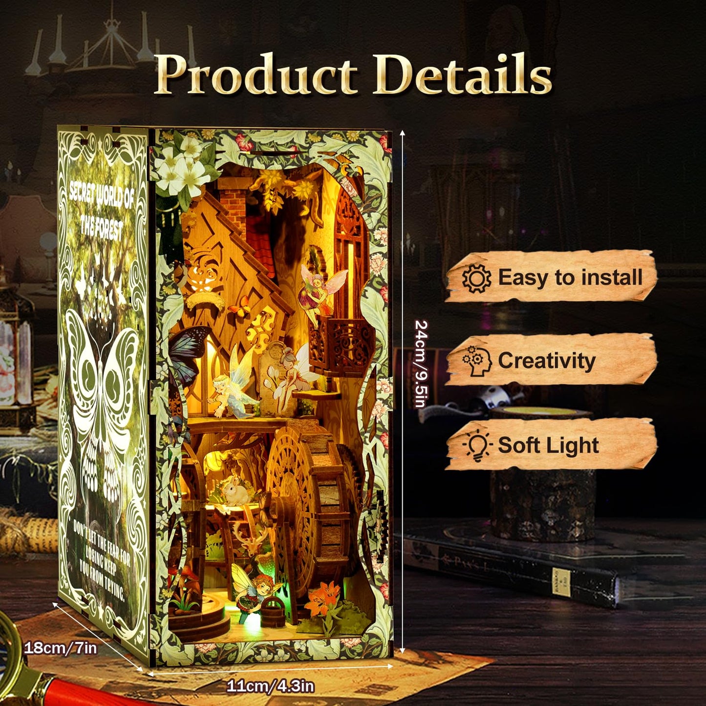 THRIVINGIVAN Book Nook Kit for mature-themed Miniature Model Build Dollhouse Kit 3D Wooden Puzzle with Sensor Led Light for Bookshelf Bookend Insert Decor mature-themeds Teen Crafts(Spirit)