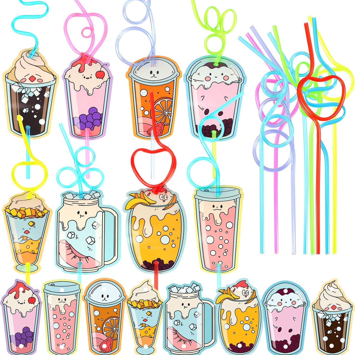 AOJOYS Valentines Day Cards for Kids 32 Pack - 32 Colorful Valentine Gift Cards + 32 Lovely Loops Reusable Drinking Straws for C