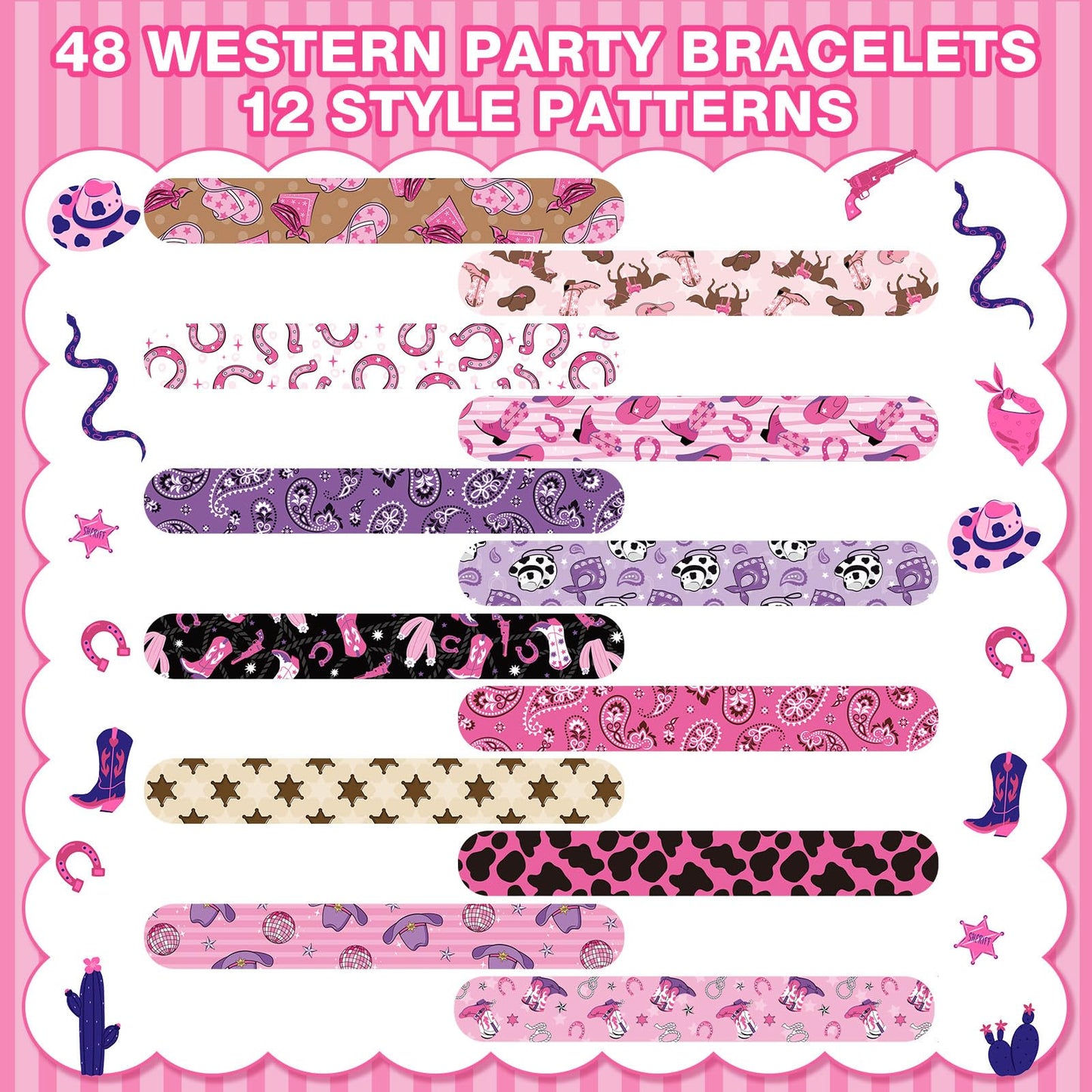 Junkin 48 Pcs Western Cowgirl Party Favors Birthday Decorations Pink Disco Cowgirl Slap Bracelets Kids Horse Birthday Party Good