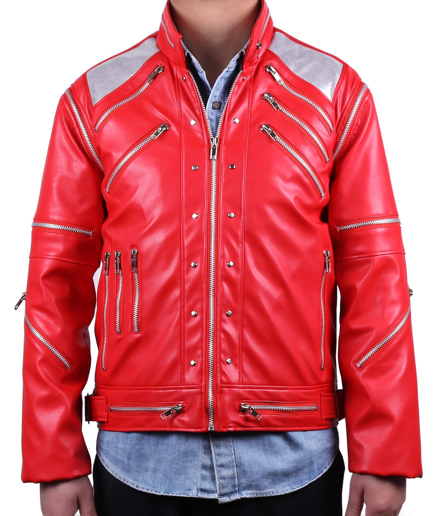 MJB2C Red 80s PU Leather Jacket - Retro Zipper Accent Stage Coat for Cosplay  Halloween & Party - mature-themed X-Small