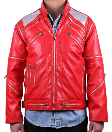 MJB2C Red 80s PU Leather Jacket - Retro Zipper Accent Stage Coat for Cosplay  Halloween & Party - mature-themed XX-Large