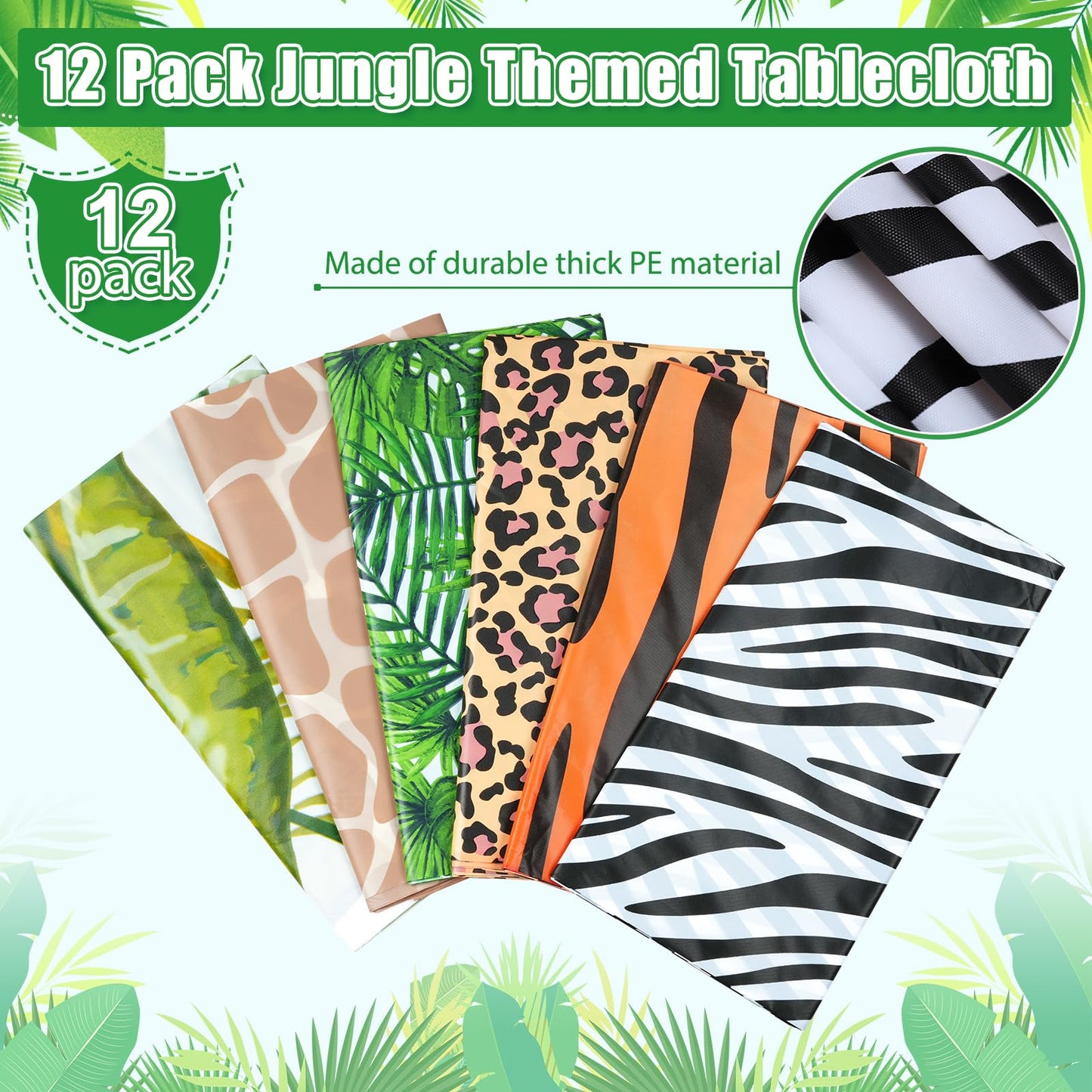 12Pack Animal Safari Tablecloth Jungle Animal Zoo Theme Party Table Cloth Leopard Tiger Zebra Giraffe Palm Leaf Print Table Cove