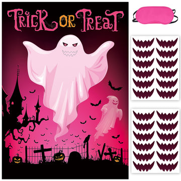 Pin The Mouth On The Ghost Halloween Party Game For Kids Ghost Poster With 24 Pieces Mouth Stickers And A Blindfold For Hallowee