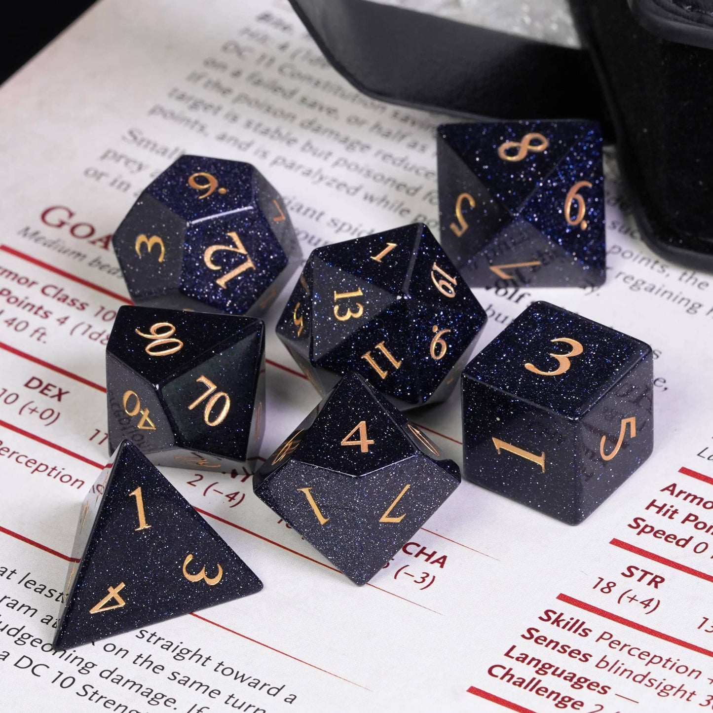 UDIXI Stone D&D Dice Set 7PCS Blue Sandstone Gemstone DND Dice with Leather Gift Box for Dungeons and Dragons Role Playing Game