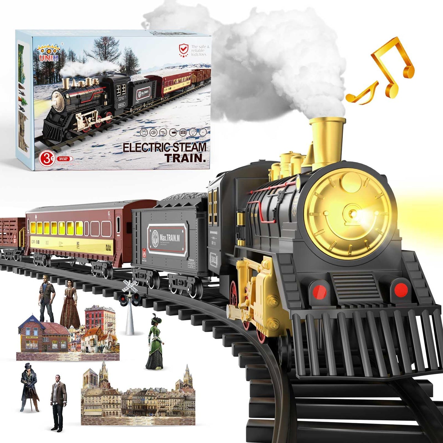 Unih Electric Train Set,Train Toys With Smoke,Lights & Sounds,Toy Train With Steam Locomotive Engine,Luminous Passenger Car & Tracks, Xmas Train Toys For Boys Kids 3 4 5 6 7 8+ Year Old Gifts