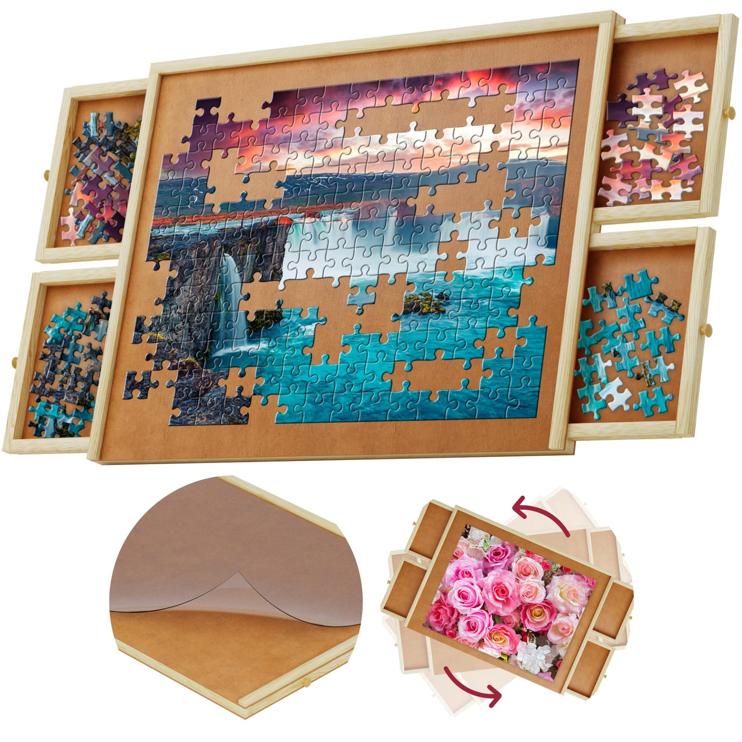 1000 Piece Wooden Jigsaw Puzzle Board - 4 Drawers, Rotating Puzzle Table | 30” X 22” | Puzzles Cover Included - Portable Tables For Adults And Kids By Beyond Innoventions