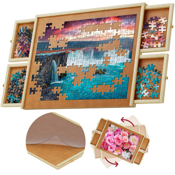 1000 Piece Wooden Jigsaw Puzzle Board - 4 Drawers, Rotating Puzzle Table | 30” X 22” | Puzzles Cover Included - Portable Tables For Adults And Kids By Beyond Innoventions