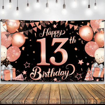 Katchon, Rose Gold Happy 13Th Birthday Banner - Huge, 72X44 Inch | Rose Gold And Black 13Th Birthday Backdrop, 13Th Birthday Party Decorations | 13 Birthday Banner, 13Th Birthday Decorations For Girls